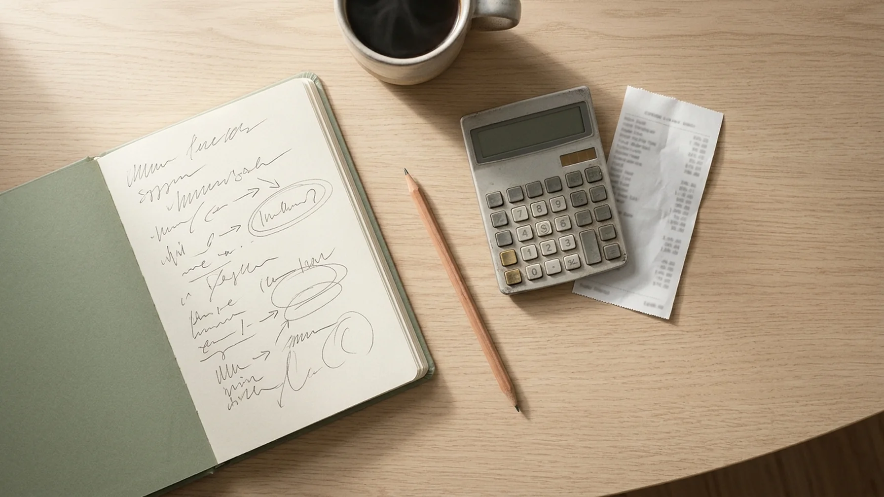 A notebook open on a wooden desk beside a calculator, a printed course outline and a cup of coffee, with soft morning light from a window